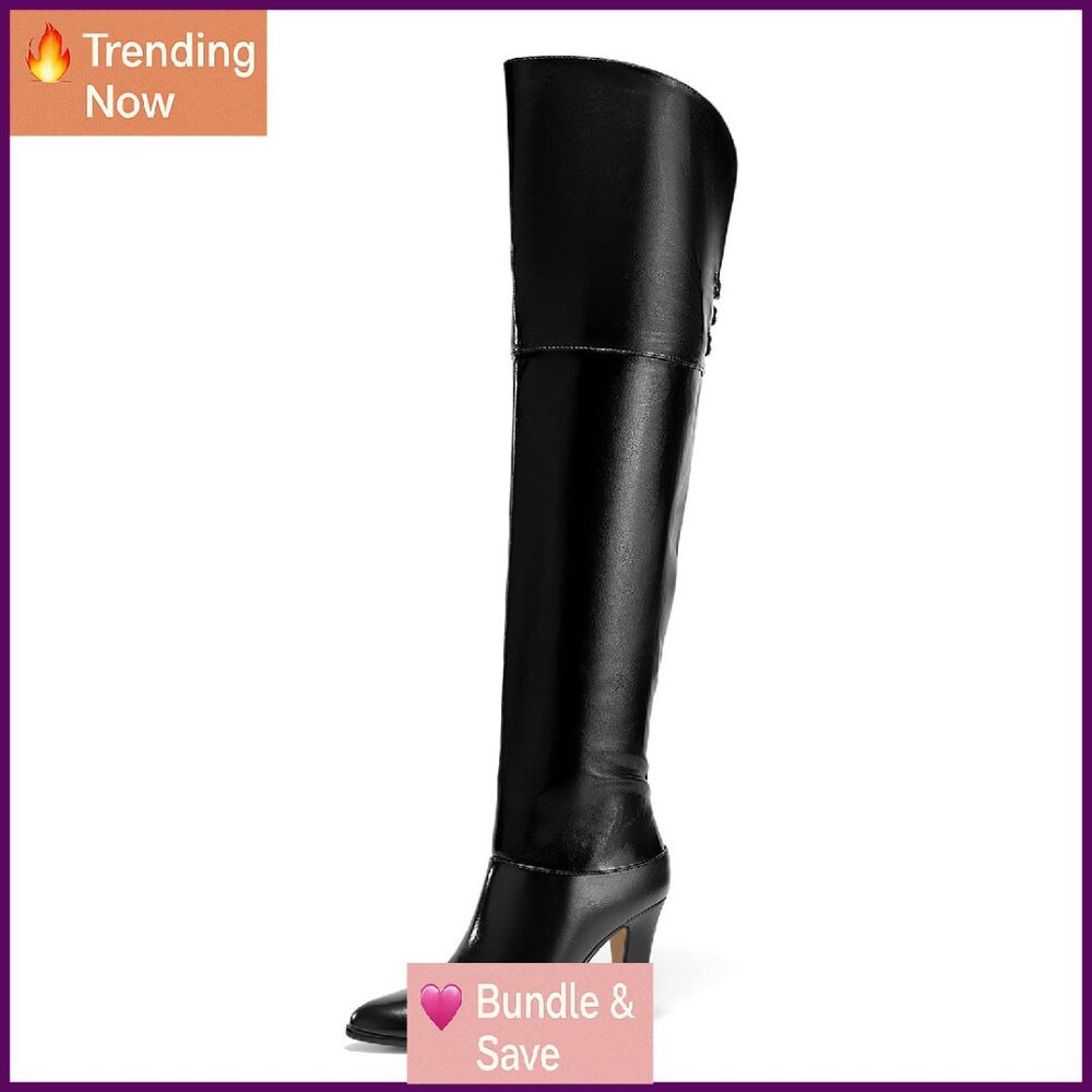 Thigh High Boots Pointed Toe Chunky Heel Wide Calf Over Knee Winter